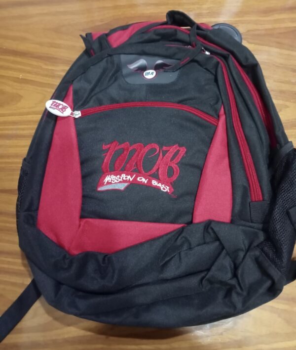 Red and black colored school backpack with logo