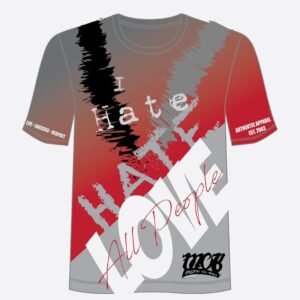 Grey and red colored t-shirt with hate and love people logo