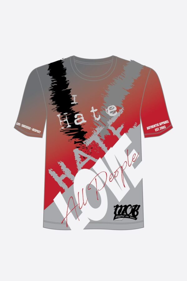 Grey and red colored t-shirt with hate and love people logo