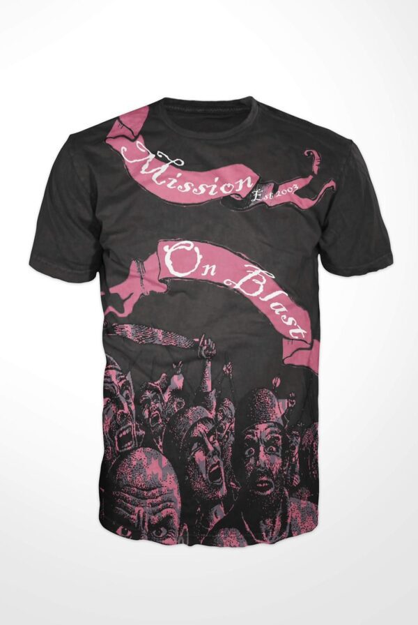 A black colored t-shirt with pink colored people's face