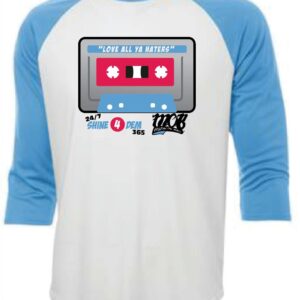 A white t-shirt with blue sleeves by MOB