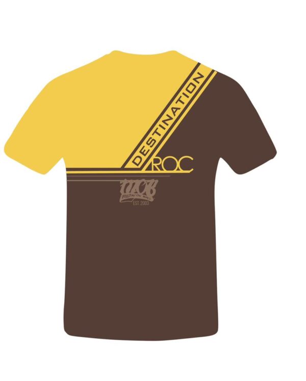 A brown and yellow colored t-shirt with logo