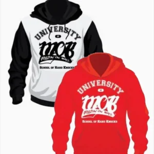 Red and white colored hoodies with MOB Logo