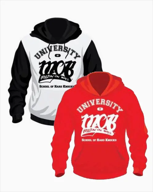 Red and white colored hoodies with MOB Logo