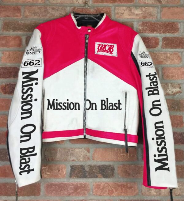 red and white women leather racing jacket
