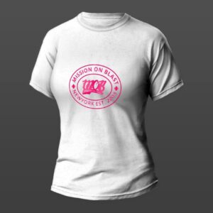A white color t-shirt with pink color logo