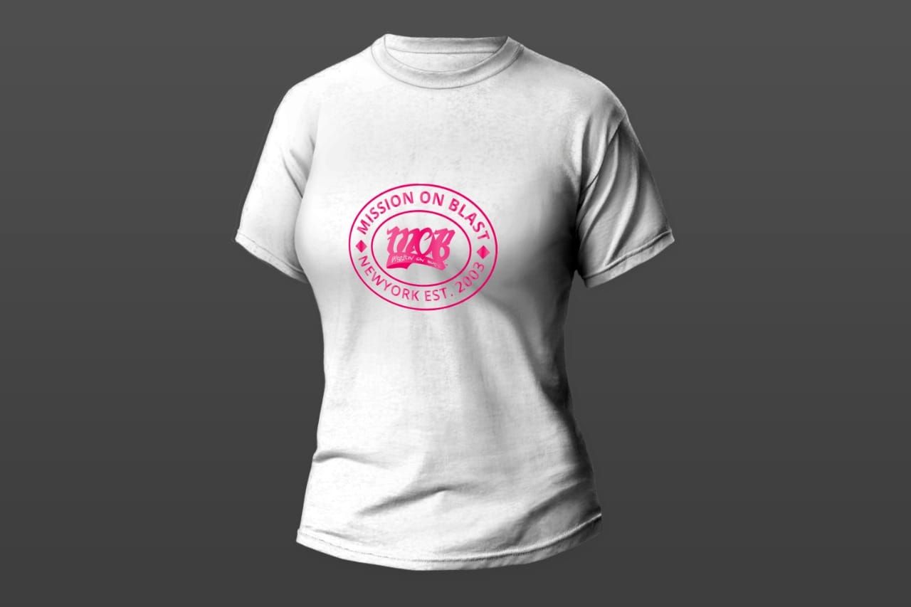 A white color t-shirt with pink color logo