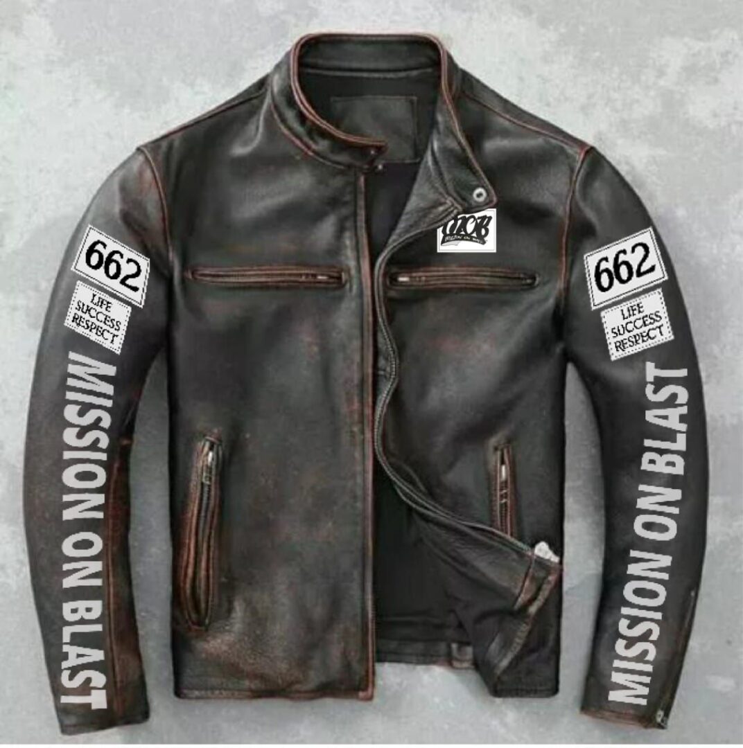 Brown colored leather jacket with MOB Logo